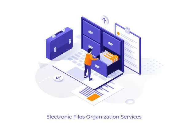 Vector illustration of Conceptual template with man standing on laptop computer and opening drawer of storage cabinet full of documents. Scene for electronic file organization service. Isometric vector illustration.