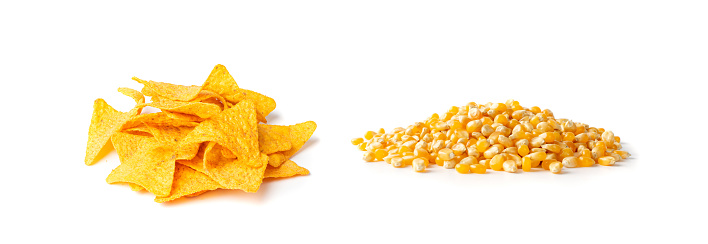 Nachos Chips Isolated, Nacho Snack, Mexican Triangle Corn Chips, Maize Snack, Corn Crisps or Totopos, Nachos on White Background