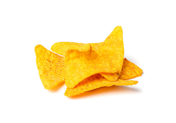Nachos Chips Isolated, Nacho Snack, Mexican Triangle Corn Chips, Maize Snack, Corn Crisps or Totopos, Nachos on White Background