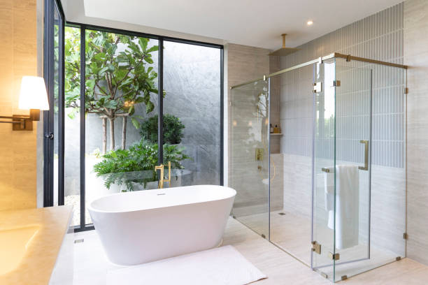 istock Modern White Marble Bathroom Design with Freestanding Bathtub. 2034873357