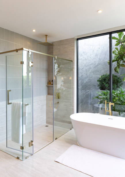 istock Modern White Marble Bathroom Design with Freestanding Bathtub. 2034873362