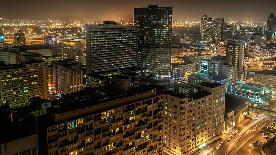 Long Exposure of the night-time Cityscape of Durban, eThekwini, Kwa Zulu-Natal, South Africa