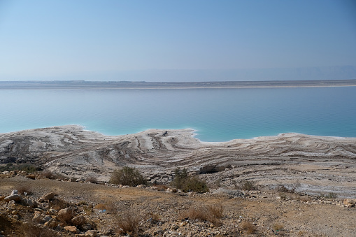 Full frame scenic view of dead sea beach in Jordan