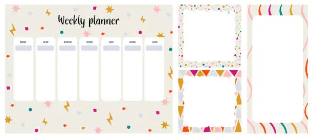 Vector illustration of Set of magic weekly journals. Class schedule for children. Notes and to-do list. Memo pages with magic, bee, bright stripes, flowers, abstract elements.