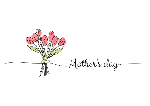 Mothers day, tulip line art drawing, one continuous line drawing. for postcard