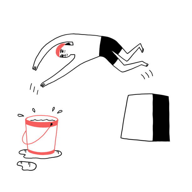 Swimmer jumping into a bucket of water. Hand drawn illustrations vector doodle style.