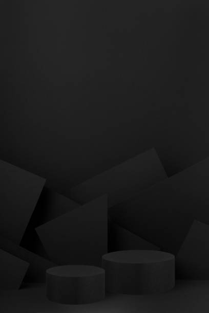 istock Abstract two black round podiums for cosmetic products with geometric pattern on wall, mockup on black background. Scene for presentation products, goods, advertising, design in contemporary style. 2034940859