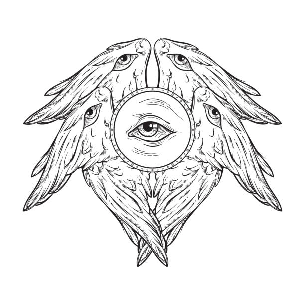 biblical six winged angel with eyes isolated. hand drawn design vector illustration - human pregnancy flash点のイラスト素材／クリップアート素材／マンガ素材／アイコン素材