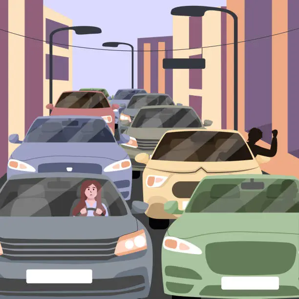 Vector illustration of City traffic jam and sleepy driver