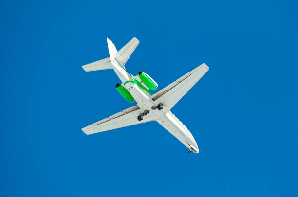 Airplane in the blue sky viewed from below