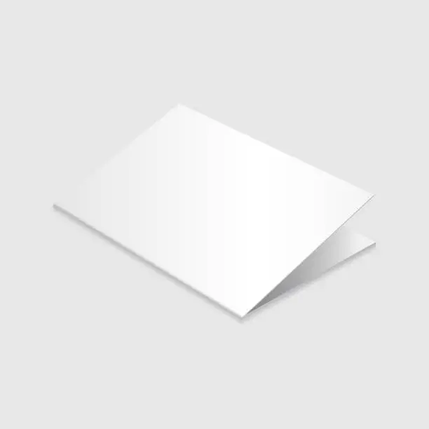Vector illustration of White card mockup. Blank white greeting card. Slightly open card, folded leaflet, brochure or menu mockup template. Isolated on light gray background. For your design or business. Vector illustration.