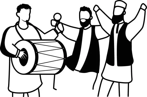 Vector illustration of Energetic Musical show vector design, yaum-e-pakistan Symbol, Islamic republic or resolution day Sign 23 March national holiday stock illustration, Boys dancing on dhol beat celebrating Azaadi concept