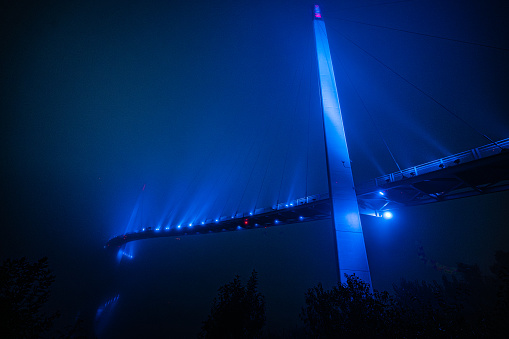 Foggy night at Bob Kerrey Pedestrian Bridge in Omaha, Nebraska