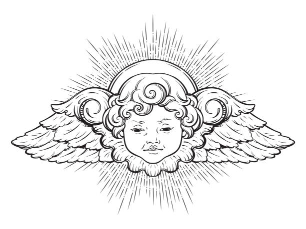 cherub cute winged curly smiling baby boy angel with rays of linght isolated over white background. hand drawn design vector illustration - human pregnancy flash点のイラスト素材／クリップアート素材／マンガ素材／アイコン素材
