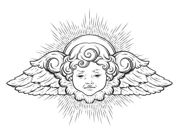 Vector illustration of Cherub cute winged curly smiling baby boy angel with rays of linght isolated over white background. Hand drawn design vector illustration