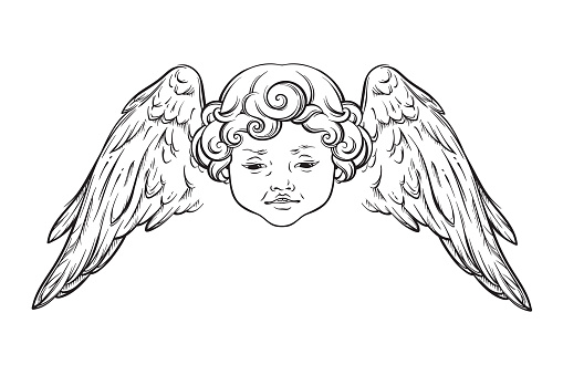 Cherub cute winged curly smiling baby boy angel isolated over white background. Hand drawn design vector illustration.