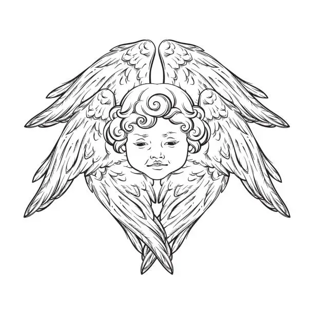 Vector illustration of Six winged cherub cute winged curly smiling baby boy angel with rays of linght isolated over white background. Hand drawn design vector illustration
