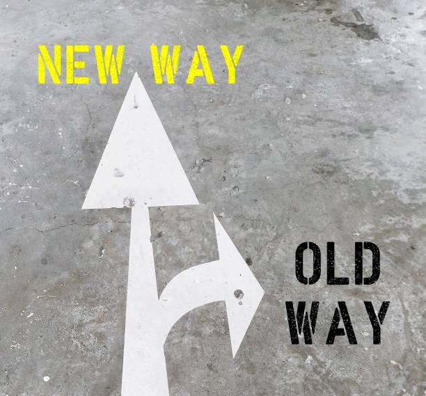 istock Direction sign to different turn OLD WAY or NEW WAY - concept of challenging  decision making to do some things you've never done before 2034993257