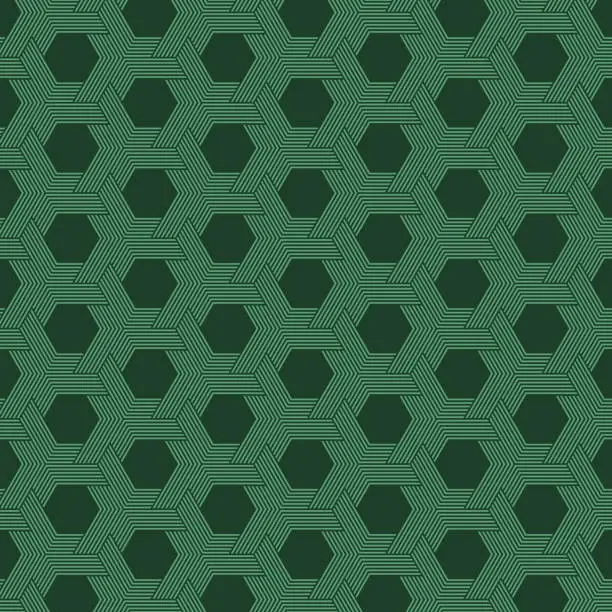 Vector illustration of A green-turquoise full-frame honeycomb pattern unfolds with hexagons intricately divided into three sections, each filled with slim hook bundles, weaving a rich geometric tapestry.