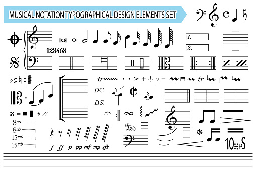 Musical notation, notes, music symbols and signs, set. Templates, black editable elements collection, isolated on white background. Melody font.  illustration Eps 10.