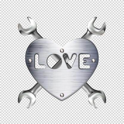 Crosshairs of realistic hand wrench or spanner and metal heart with caption love, isolated on white background. Chrome metal tool. Plate with rivets. Valentines day.  illustration. Eps 10.