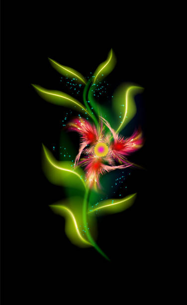 istock Red modern glowing flower. Colorful ornamental floral element in black background. Beautiful trendy illuminated ornaments with decorative luxury glow for your design in  illustration 2035049186