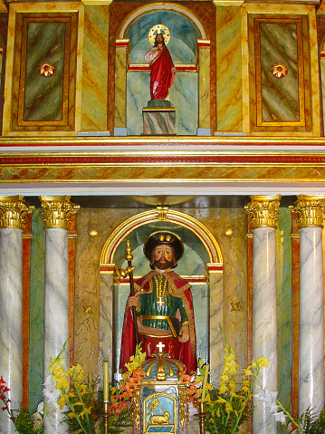 Altarpiece with Santiago pilgrim statue, Santiago  church , Boente, camino de Santiago, A Coruña province, Galicia, Spain.