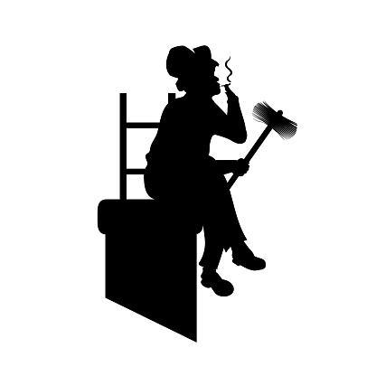Male silhouette with tools chimney sweep in pipe, got to work and got smoking.  illustration for designers.