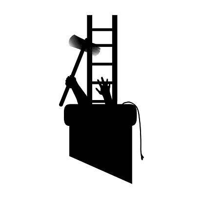 Silhouette chimney sweep in pipe with tools, got to work and got stuck.  illustration for designers.