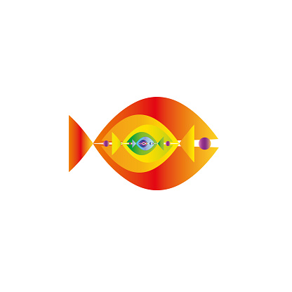 Abstract colorful fishes together-  graphic. This logo template can be representative of travel destination of an exotic tropical place, tourism, aquarium, adventure water sports, etc.