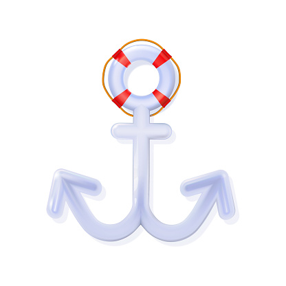 White Nautical Anchor glossy 3d blue, rounded plastic realistic toy. Modern decor  isolated icon. Ship equipment illustration for marine and heraldry design. Design shiny sea way concept. .