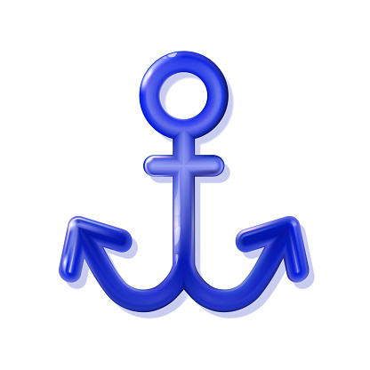Nautical Anchor glossy 3d blue, rounded plastic realistic toy. Modern decor  isolated icon. Ship equipment illustration for marine and heraldry design. Design shiny sea way concept. .
