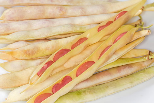 Two open pods of young kidney beans lie on the same whole pods, top view close-up in selective focus