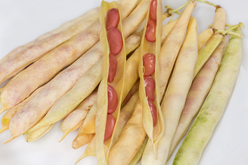 Two open pods of young kidney beans lie on the same whole pods, view close-up in selective focus