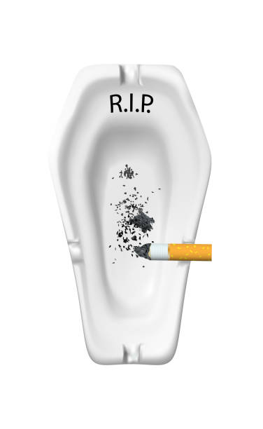 ilustrações de stock, clip art, desenhos animados e ícones de white realistic ashtray for cigarettes in a shape of coffin with butt and ashes, attributes of nicotine addiction. design concept stop smoking, inscription - rest in peace.  illustration - cigarette tobacco symbol three dimensional shape