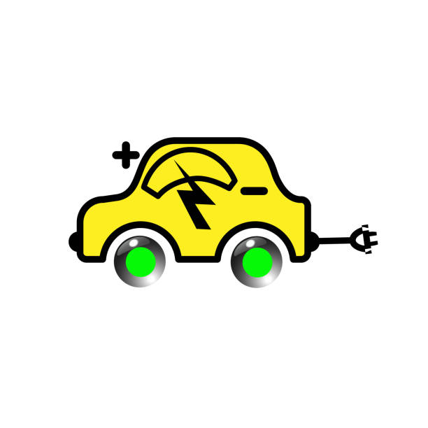 ilustraciones, imágenes clip art, dibujos animados e iconos de stock de ilustración del icono del vehículo eléctrico amarillo. silueta de la línea del coche eléctrico de trekking con la señal del rayo de la iluminación del flash de la electricidad - tesla