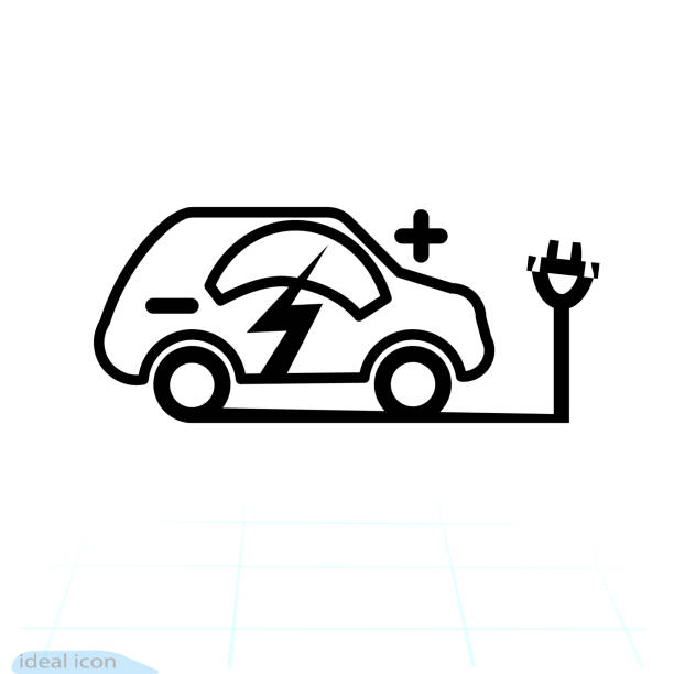 ilustraciones, imágenes clip art, dibujos animados e iconos de stock de ilustración del icono de un vehículo eléctrico. silueta de la línea del coche eléctrico de trekking con la señal del rayo de la iluminación del flash de la electricidad - tesla