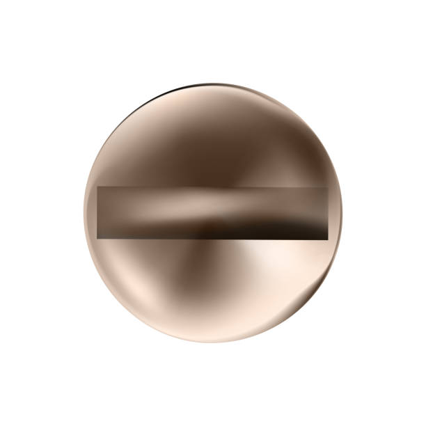 istock Chrome screws caps, shiny metal icon. Flathead, slotted bolt heads. Twisted in surface screw isolated on white background. Top view macro of wide a hats metalwares.  illustration 2035103966
