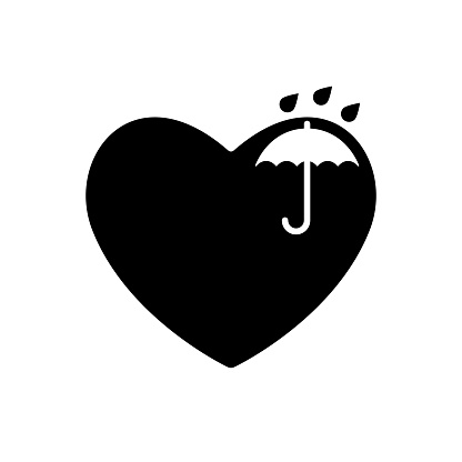 Umbrella and Heart  black icon. Keep dry symbol in heart. Valentines day sign, emblem, Graphic in flat style isolated. Symbol for your web site design, logo, app, UI.  illustration rain.