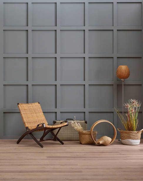 istock Grey decorative wall background and wicker chair bag accessory style with cotton flower style. 2035106584