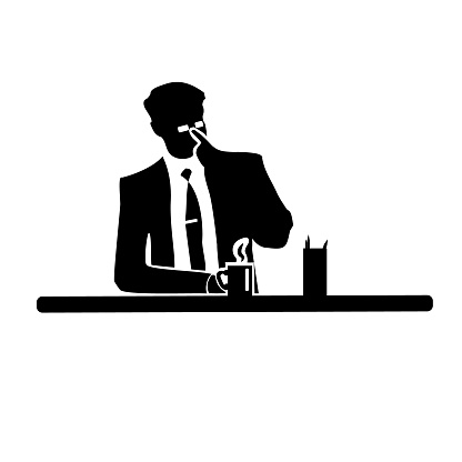 Businessman silhouette of a man in a suit and tie on white background.Corrects glasses and drinking from a mug.  illustration. From there success.