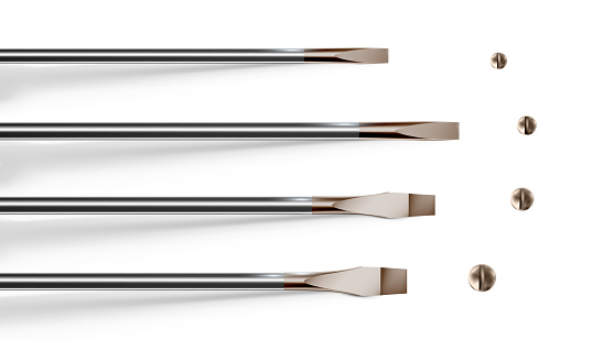 Variety of sizes of slotted screwdrivers. Set tip, objects close-up.  illustration
