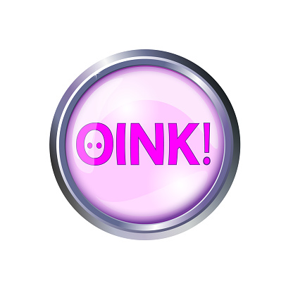 Pink button oink and squeal, chomp grunting.  illustration.