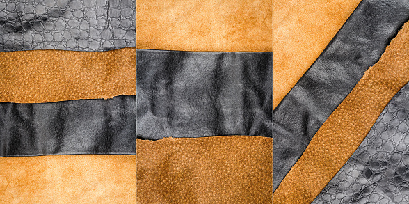Collection of images with genuine brown and black leather textures background. Abstract vintage natural cow skins backdrop. Different leather stripes.