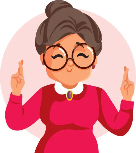 Vector illustration of Superstitious Granny Holding her Fingers Crossed Vector Character