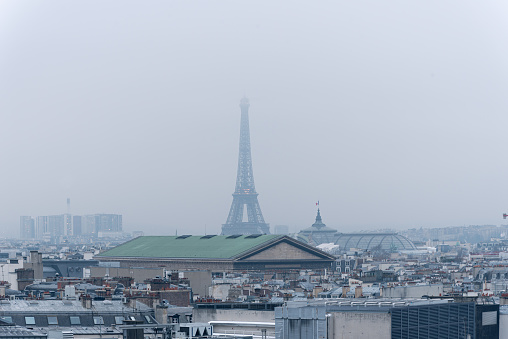 Eiffel Tower seen from the terrace of the Galeries Lafayette in Paris.