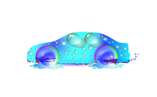 Modern most top-End blue car in drops of water. Car wash design vector abstract illustration