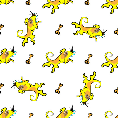 Yellow dog seamless pattern isolated on white background. Puppy wallpaper and bone.