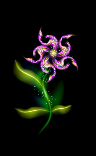 Glowing modern purple flower. Colorful ornamental floral violet element in black background. Beautiful purplish illuminated ornaments with decorative luxury glow for your design in  illustration.