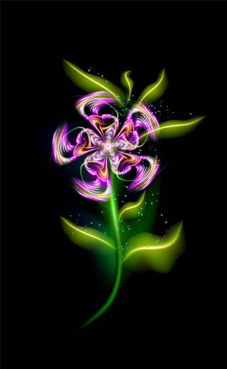 Modern glowing purple flower. Colorful ornamental floral violet element in black background. Beautiful illuminated ornaments with decorative luxury glow for your design in  illustration.